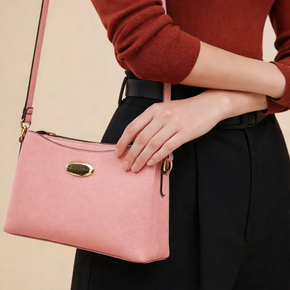 Nanette Lepore Peach Pink Three Pocket Dressy Gold Accent Crossbody Bag Purse